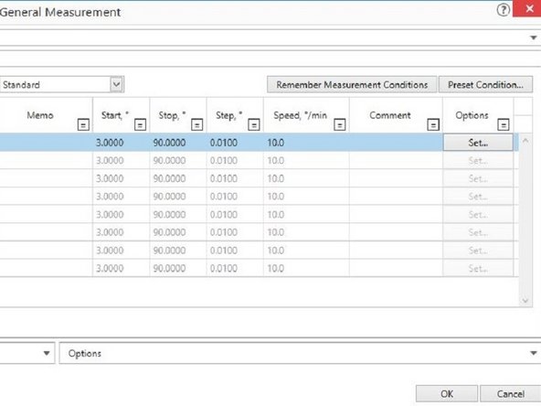 Start/Stop/Step/Speed columns are used to specify your measurement conditions.
