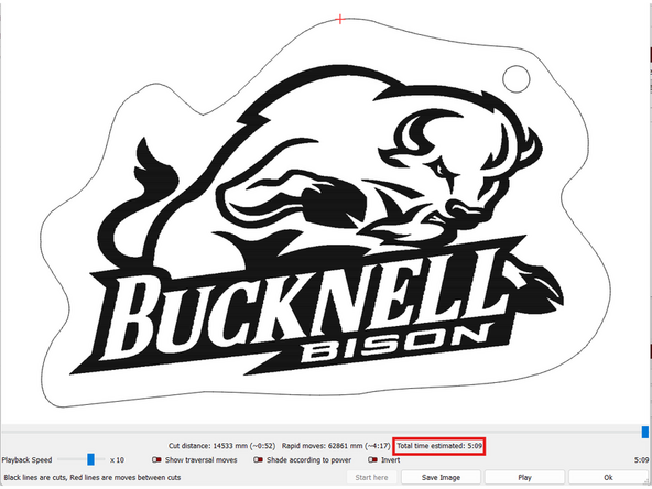 When you are finished with settings select Window -&gt; Preview from the top toolbar.  This will display a preview of the laser cutter job.  Pay attention to the following: