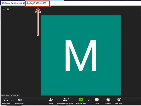 Now you need to join the meeting using your phone.  Your phone will act as a microphone and allow you to record audio.  Locate the meeting ID in the top left of the computer's Zoom window.  If this ID number has disappeared, you may need to move the mouse to display the number.
