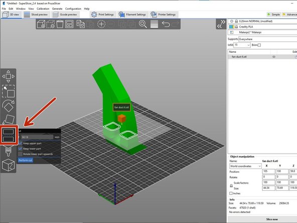 The &quot;Cut&quot; tool shown in the image is used to split the object in a chosen cross sectional z axis position.