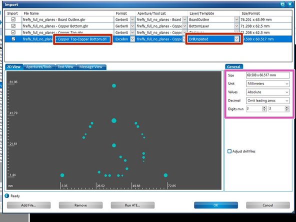 You have just assigned your NC drill file to the “DrillUnplated” layer in CircuitPro. If the pattern of drill holes does not match what you expect, check the settings under the General tab and make sure they match the settings shown here in the example.