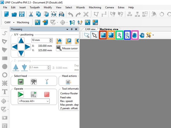 Because the mill computer lacks a scroll wheel mouse, navigation within the PCB window can be difficult.  Use the buttons highlighted here to navigate.