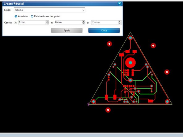 A window will appear which will allow you to enter coordinates for fiducials.  Rather than use this method we will directly click on the screen where we wish to place fiducials.  Move this window out of the way and click on the black background surrounding your PCB in the areas where you would like to place the fiducials.
