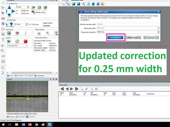 The first image here shows a proposed correction factor to get to the channel width of 0.2 mm.  In this example the measured width of the milled channel is 0.215 mm, so the software proposes decreasing the width by 0.015 mm, a change of - 0.015 mm.  This value was automatically entered by the software.