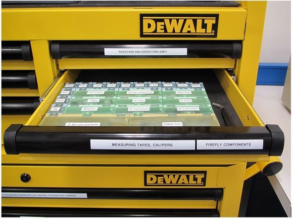 Make sure you have all of your SMT components on hand before you begin to place solder paste.  If you are populating a firefly board you can find the container with all of the components in the yellow DeWalt cabinet.  Look for the drawer on the top right labelled Measuring tapes, calipers and Firefly components.