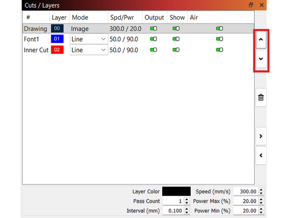 Each cut/engrave is represented by a different color and layer. Before beginning your cut you will have to make sure the order of cuts and engraves is correct.