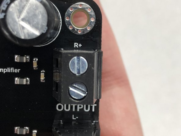 Connect the speakers to the amplifier.  The first image is a close-up of the top screw terminals; the labels can't be seen when the amplifier is installed.