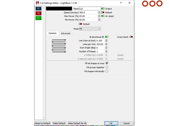 Select each individual part of design and set the engravings as shown in pics 2 and 3. The color of each item in the .svg correlates with each specific setting you are specifying on LightBurn.