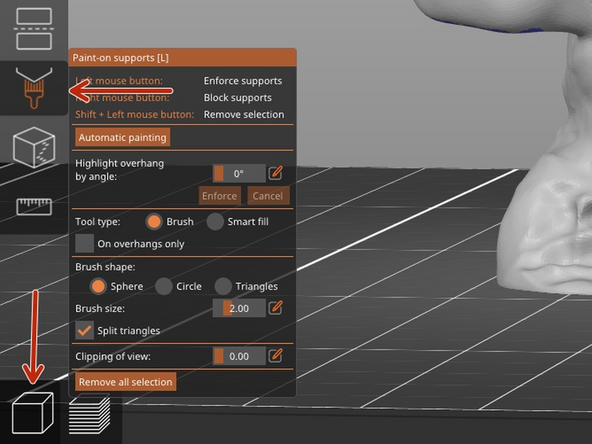 Click the 3D editor view button in the bottom left of the screen to return to model view and then press the paint-on supports button in the left menu to bring up the corresponding window.