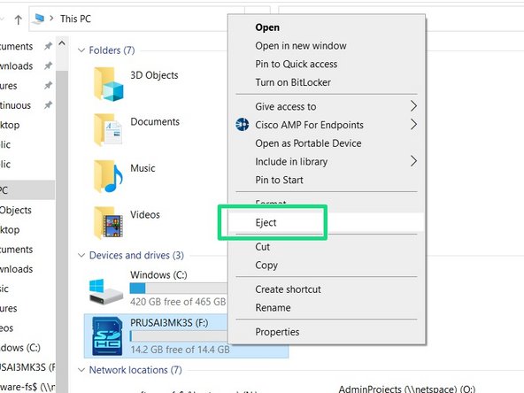 Open a Windows Explorer window and locate the PRUSAI3MK3S (F:) drive.  Right click on this drive and choose Eject.  Wait until the drive disappears from Windows Explorer.