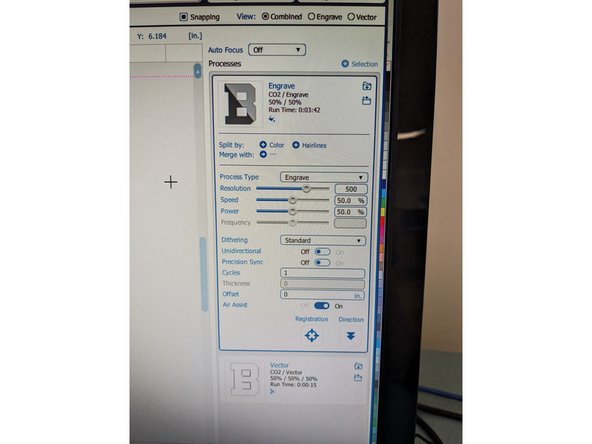 Note for my file I have Engrave and Vector (aka Cut) because I am doing both to this file, if you are just doing one or the other, you will not see both. If you are intending on engraving and cutting your file but don't see both on the dashboard, please consult with a student employee to see what step was missed.