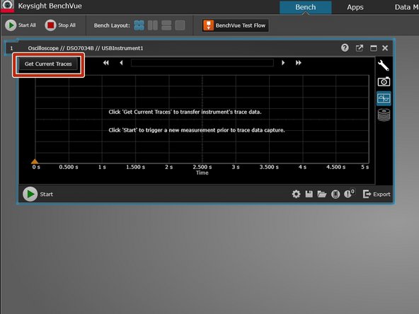 Push the Run/Stop button on the oscilloscope to stop wave acquisition. Once you are satisfied with the waveform displayed on the scope screen, click Get Current Traces within the BenchVue software.