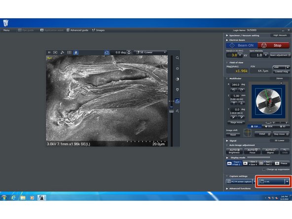 When you have found the region you want to image and focused the image you are ready to capture your image. EM_Wizard supports a number of capture modes. Most users should switch to slow scan, then click the button with the floppy disk silhouette. Note: the text on this button is variable but is typically &quot;1280 S&quot;.