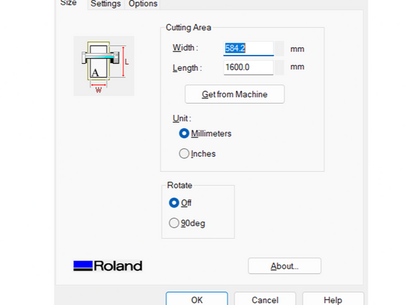 On the bottom of the tab you'll find a "change" button, Click on it. You'll get another tab where you should locate the "Media Size" press change and then you should get a final tab where you have to press the "Get from machine" (make sure the cutting area change in width and lenght) and then press okay