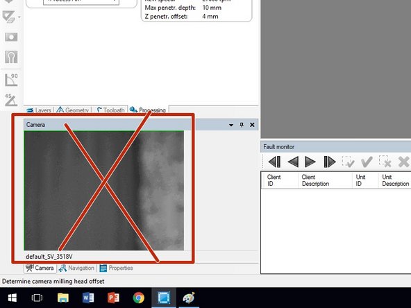 If the camera displays a non-ideal area you need to move the copper clad.  Lift the mill lid, peel up the blue tape and adjust the copper clad, paying attention to the camera display.  Move the copper clad slowly until the camera displays a light, uniform area, free of drill holes and routes.