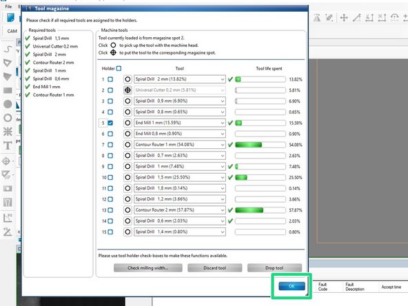 If the circle milled during your test does not look like the image (there is copper remaining or the surface is simply scratched instead of completely removed) you will need to increase the depth of this tool.  See below.