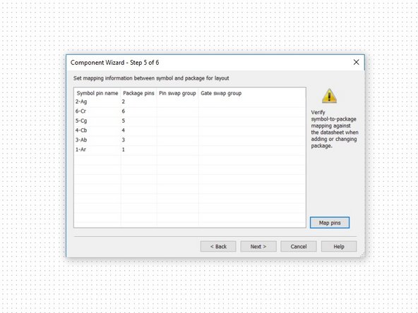 Now you need to map the symbol pins to the footprint pins. Typically the mapping is one to one.