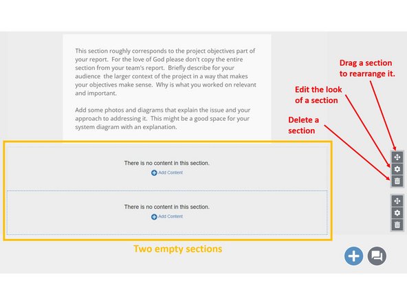 Content is organized by sections.  A section is indicated by faint dashed blue line in Digication for the selected section, and a grey dashed line for unselected sections.