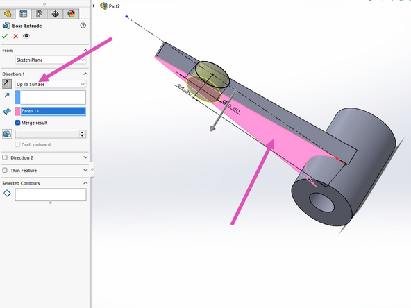 Choose to make an Extruded boss of length X.  You may need to change the direction of the boss by clicking the Reverse direction button.  Ensure that your extrusion points down and not up.  SolidWorks will give you a preview of the extrusion in yellow.  Make sure your extrusion looks like the first example shown here.