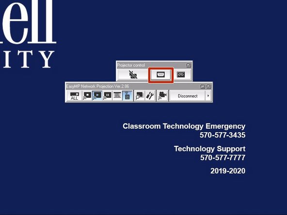 You may need to toggle the projector input to LAN by clicking the Projector Control button on your device. Then, click Switch PC Source button several times until LAN is selected and your desktop is projected.