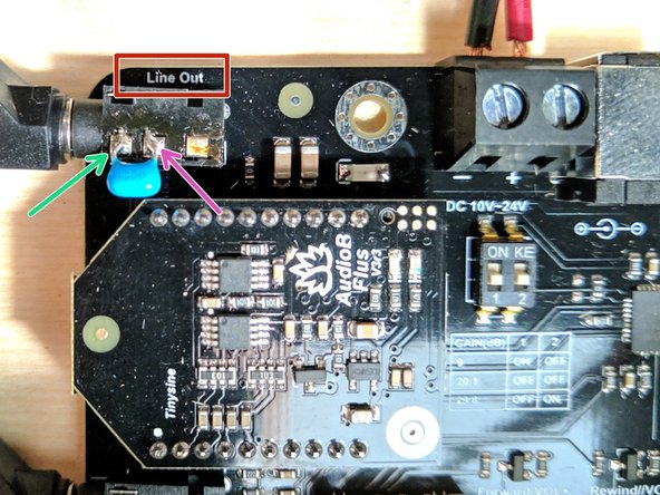 (12)In order to mitigate some issues with electrical noise on the audio signal going from the BT/amplifier PCB to the Arduino we have soldered a small capacitor across the line out jack.  If you are participating in BFab this step has already been taken care of for you.  You may skip this step.