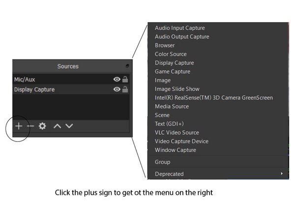 Configure the OBS software.  First you need to configure your sources: Microphone, any screen that you want to share (if you have multiple monitors for instance and a web camera)