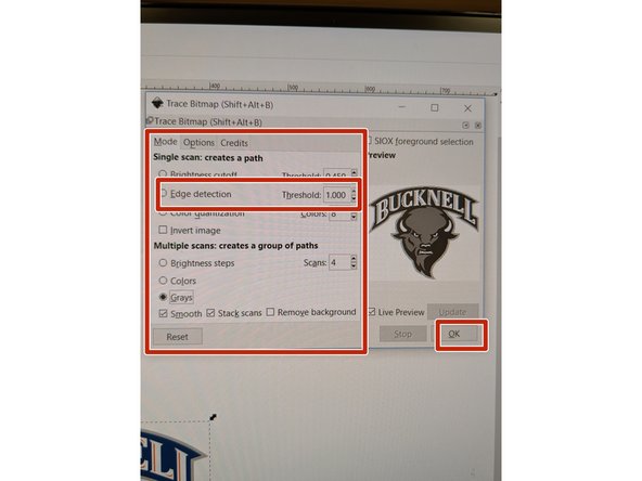 Select "Edge Detection" and play around with the Threshold and Color numbers in order to get a design that looks like your own. Click "Ok".