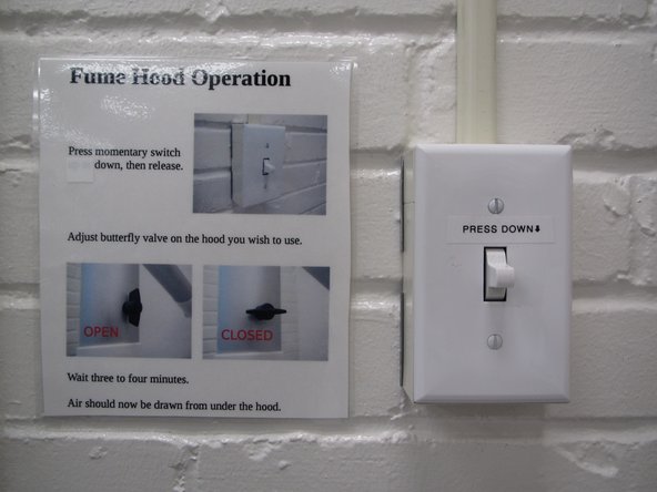 When working in the Maker-E, it is recommended you use the fume hoods available at the soldering bench.  Turn on the fume hoods by press down the momentary switch located on the wall to the left of the fume hoods.