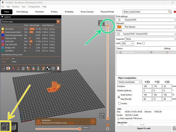After slicing is complete, PrusaSlicer will display a preview of the print as demonstrated in the second image.