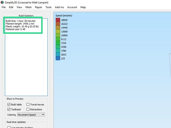 The top left of the screen shows useful build statistics such as build time, filament usage, and cost of material.  Remember the build time as you will need this value in a future step.
