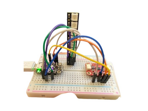 To earn a badge for this component, use the included NeoPixel to flash colors when a the ADXL rotates over a certain limit. For example, when it rotates over 45 degrees in the X direction, turn the NeoPixel red. When it goes over 45 degrees in the Y direction, turn it green. You will likely need to have previously followed the NeoPixel tutorial.