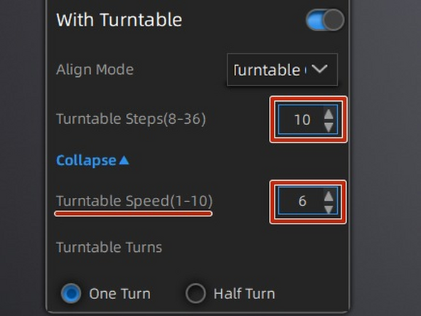 You can adjust the number of steps the turntable takes. More steps will take longer but will lead to a more detailed scan. 10-15 steps is a good number for most objects.
