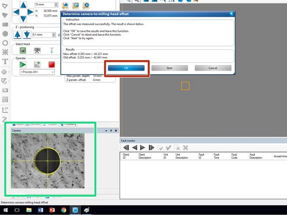 After focusing, a window will pop up asking you to agree to the suggested offset.  First, confirm that the camera display shows a black hole encompassed by a yellow circle, centered within cross hairs as shown in this example.