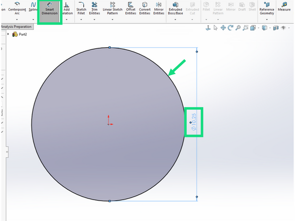 Click on the Smart Dimension button and then click on the edge of the circle you just drew.  Drag the dimension out and click to anchor it.  A pop up box will appear and allow you to enter a diameter value.  Enter 10.25.