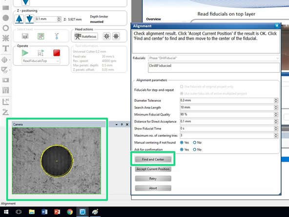 You should always pay attention to the CircuitPro window to confirm which fiducial hole the software is searching for.  Creating a mismatch between the fiducial holes on your copper clad and those defined on the screen will cause your job to fail.