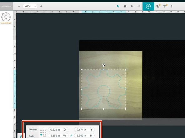 You should now see your design on the screen, as well as the material you placed in the bed during the previous step.  You can drag your design to where you want or use the Position/Scale dialog box to define a location.  You can also use this box to confirm your item scale and change it as necessary.