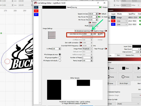 Double click the black image layer to bring up the settings for this layer.  You should already have the speed and power configured from a previous step.