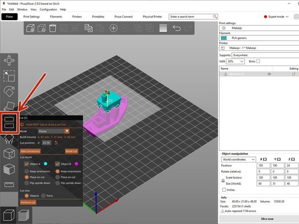 The &quot;Cut&quot; tool shown in the image is used to split the object in a chosen cross sectional z axis position.