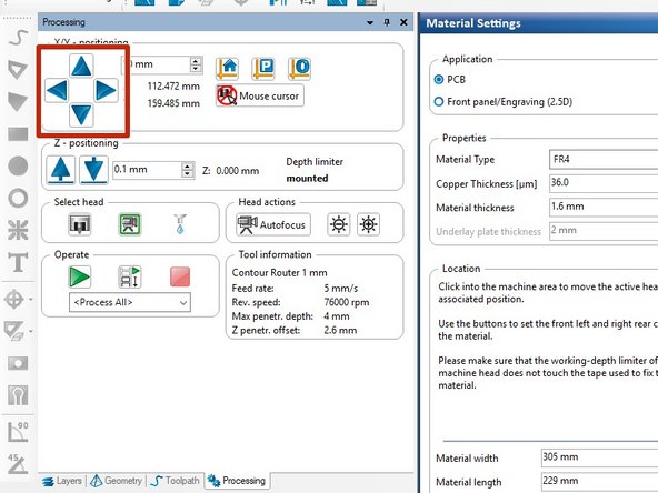 The idea here is to move the camera head around until it sees the bottom left corner of the copper clad material.