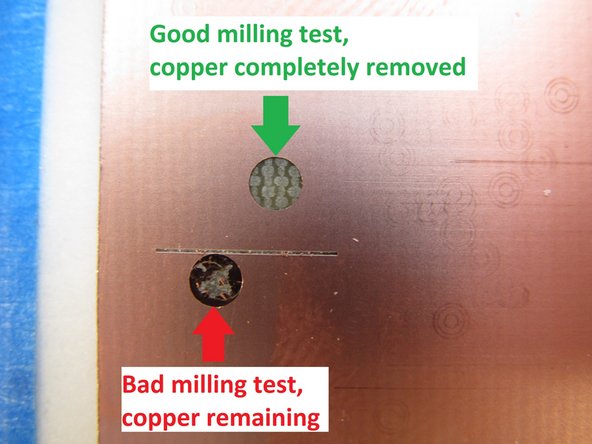 If your circle was not milled well and still contains some copper you need to tell the software to plunge the tool deeper. Enter a proposed correction of 0.05 mm, then click Store correction. Repeat this test until you get a clean circle with no remaining copper.