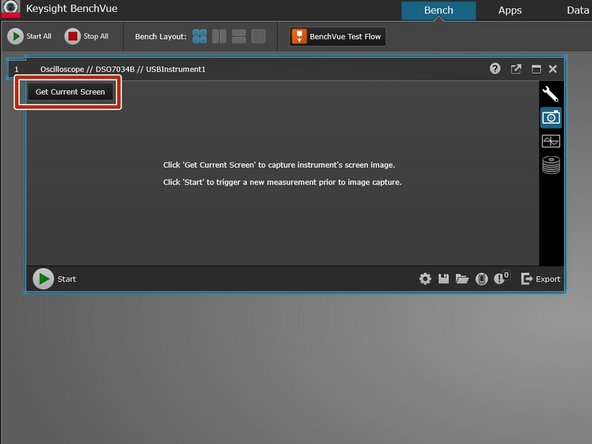 Push the Run/Stop button on the oscilloscope to stop wave acquisition. Once you are satisfied with the waveform displayed on the scope screen, click Get Current Screen within the BenchVue software.
