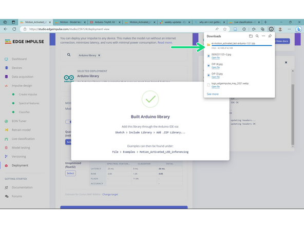 In the second image, your screen will appear like this once you've selected the Arduino Library. Next, is to select "Run Model Testing" (ORANGE box).