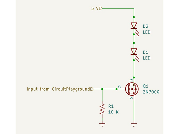Next we'll wire up the FET as a switch, using the output signal from the microcontroller to drive the gate, turning on and off the LED.