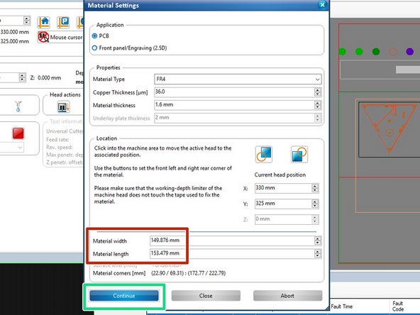 The next window will display material settings.  We have already set the material type, copper thickness, material thickness, and location of the copper clad material in previous steps.