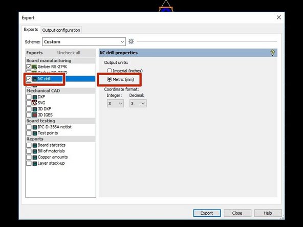 After configuring the options for the Gerber files, click on the NC drill option in the Exports box and make sure that the output units match those chosen for the Gerber files.  For the PCB mill in the Maker-E this will be Metric.
