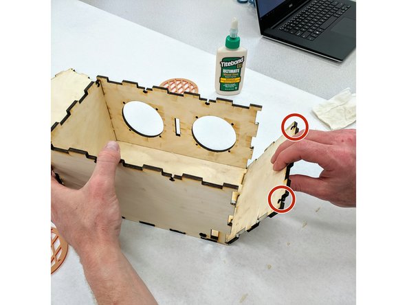 Apply glue to the inside of the teeth along the mating edges on the remaining side piece.  Beginning at the bottom and then rotating upward, join the final side to the box.