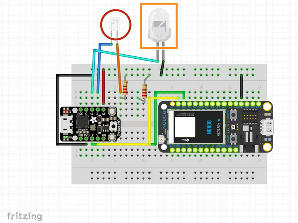 The phototransistor is circled, while the LED is inside the rectangle.