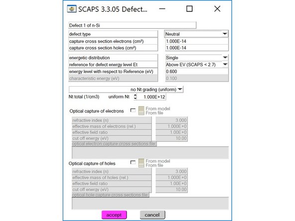 Again set the absorption model to be from file and select C:\Program Files (x86)\Scaps3305\absorption\Si.abs. Next, click on “Add a Defect 1” near the bottom of the right half panel and enter the parameters as shown in the picture. Click on “accept” to finish editing the defect.