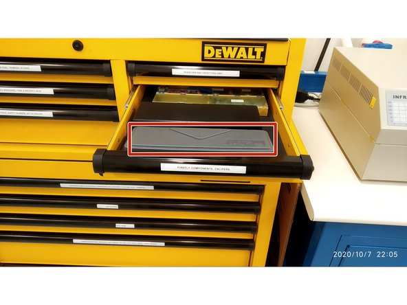 To measure the thickness of the material, use the digital caliper found in the &quot;Firefly components, calipers&quot; drawer in the stock room