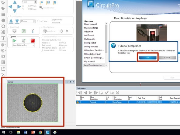 If the fiducial is detected automatically, click OK in the Fiducial acceptance window.  Otherwise, click Accept Current Position in the Alignment window if you needed to manually assist in the location  of the fiducial, following the procedure outlined in the previous steps.
